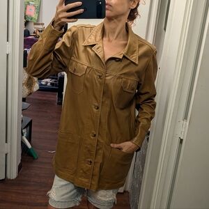 Vtg Handmade Lamb Leather Trucker Jacket Tan Western Boho XL